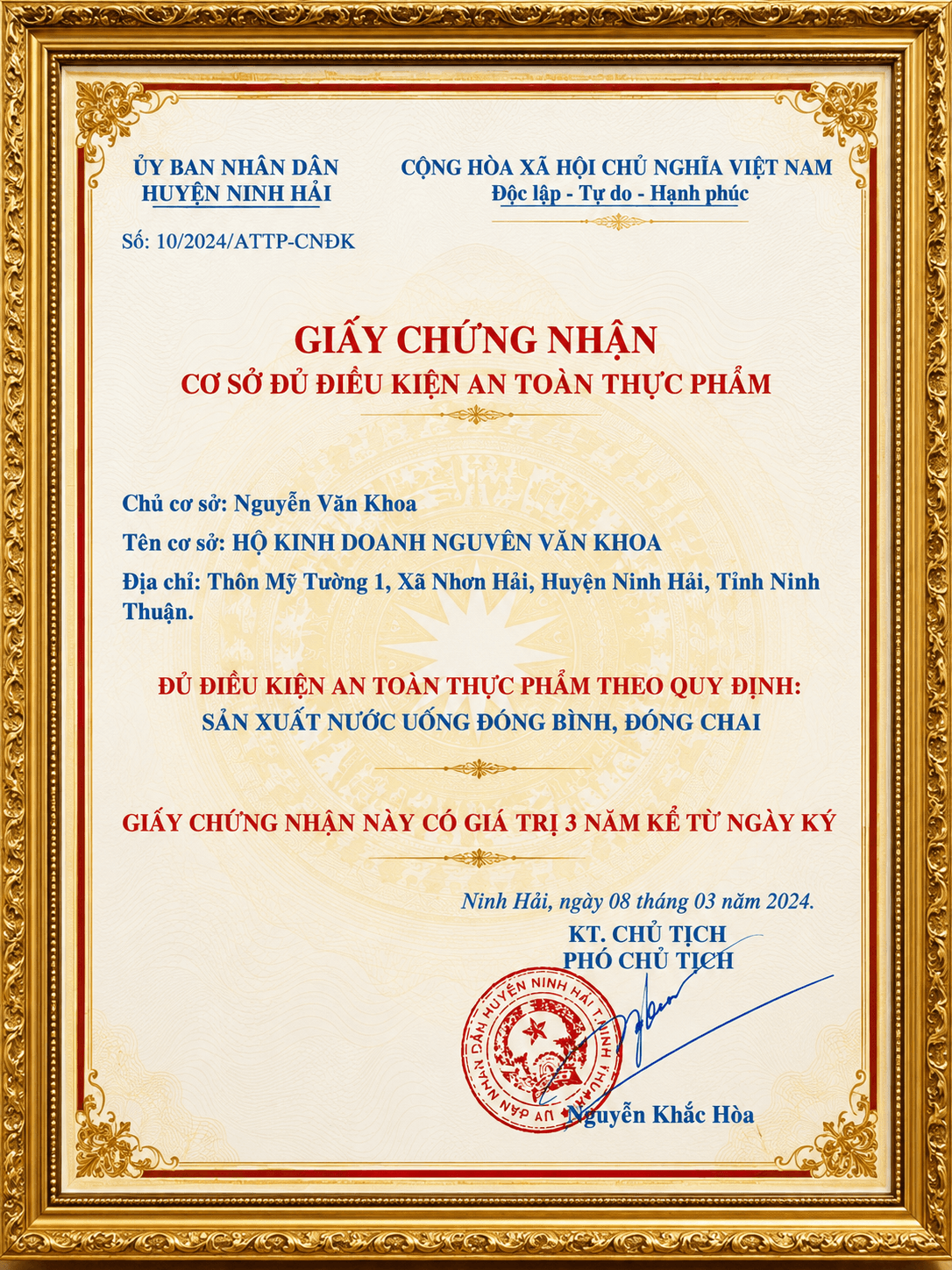 Giấy chứng nhận cơ sở đủ điều kiện an toàn thực phẩm số 10/2024/ATTP-CNĐK của Hộ kinh doanh Nguyễn Văn Khoa